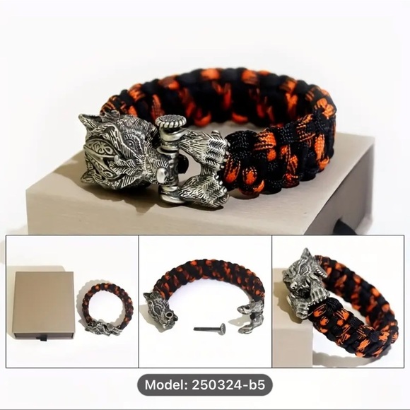 Wolf Head Paracord Bracelet - Black and Orange - Picture 1 of 9